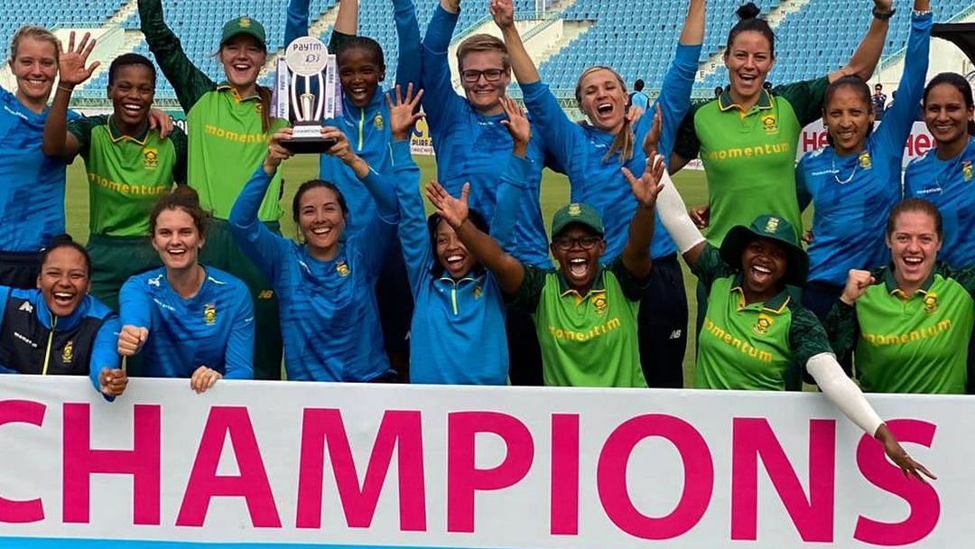South Africa Women celebrate with the trophy after defeating India 4-1 in the ODI series.