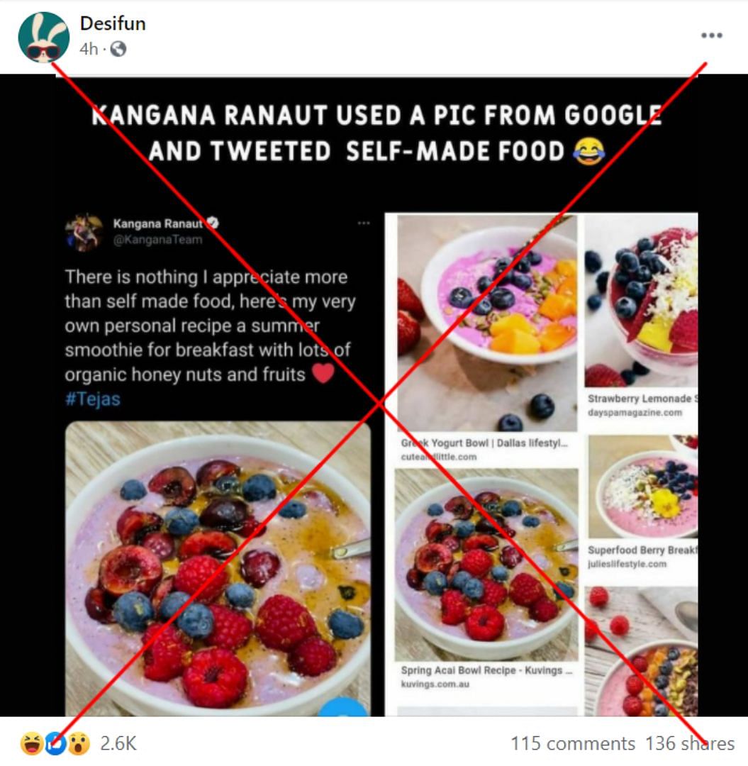 Social media users falsely alleged that Kangana Ranaut passed off an image from a recipe site as self-made food.