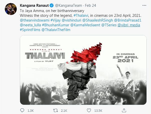 Kangana earlier shared the movie’s teaser on Jayalalithaa’s birth anniversary.