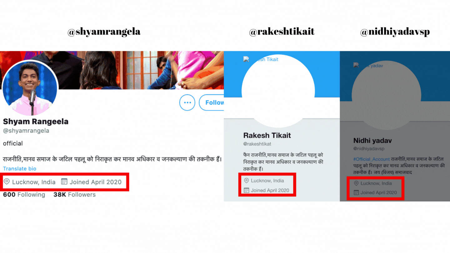 Left: @shyamrangela. Middle: @rakeshtikait. Right: @nidhiyadavsp.