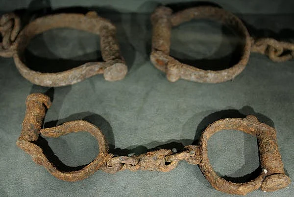 Sets of shackles used in the transportation of slaves, on display at the International Slavery Museum in Liverpool, England.