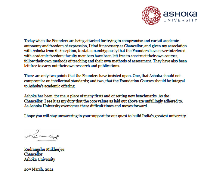 Committed to Academic Freedom Ashoka Uni’s Chancellor