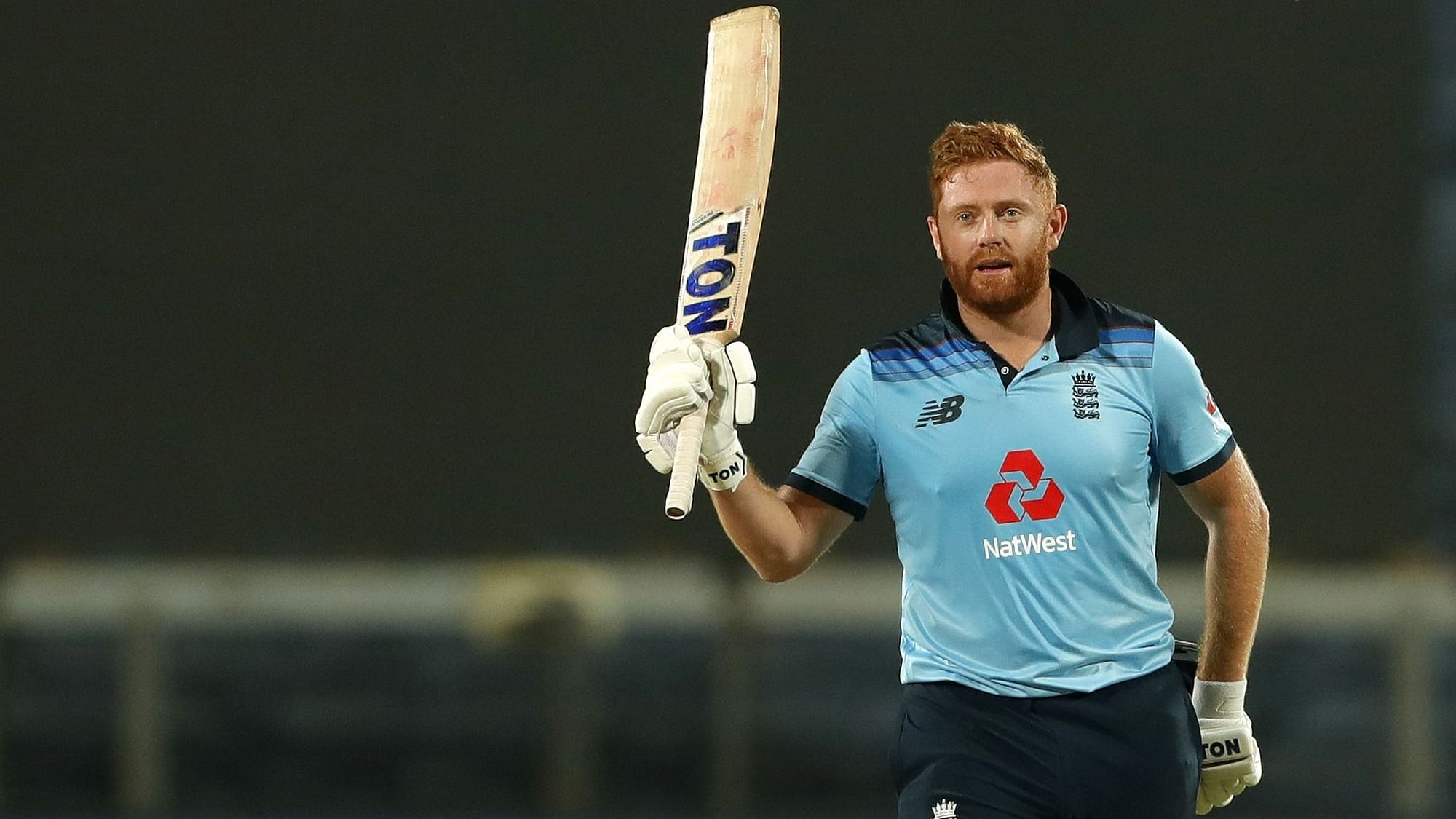 Jonny Bairstow of England celebrates after scoring a hundred during the 2nd One Day International match between India and England held at the Maharashtra Cricket Association Stadium, Pune, India on the 26th March 2021&nbsp;