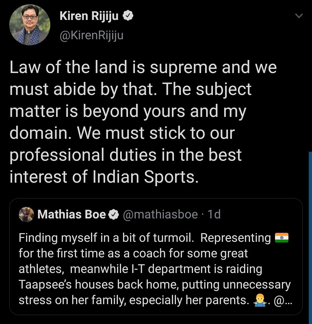 After Boe tweeted at Kiren Rijju, he replied saying they should focus on their ‘professional duties’