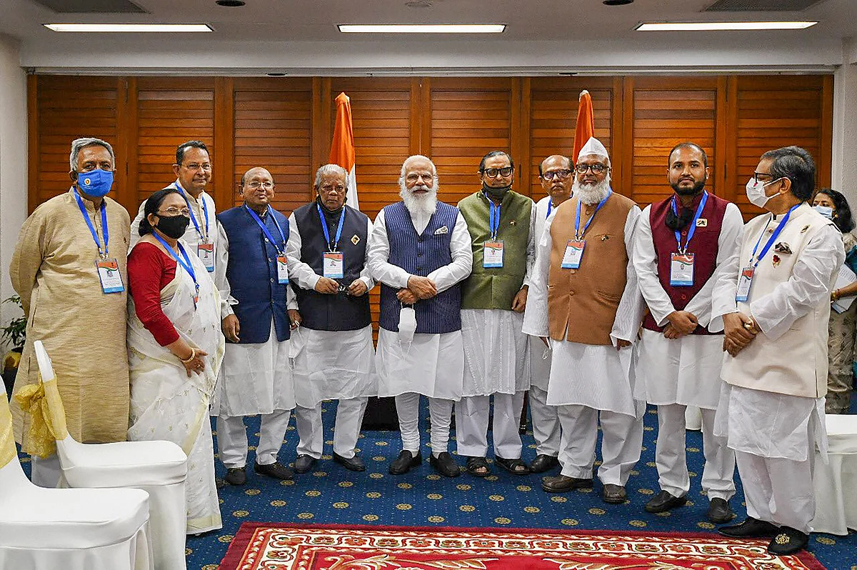 Prime Minister Narendra Modi meets meets political leaders from 14 Party Alliance, during his visit on the occasion of 50th Independence Day of Bangladesh, in Dhaka, Friday, March 26, 2021 