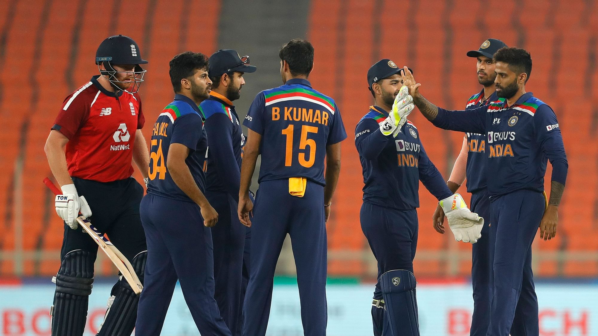 Shardul Thakur of India celebrates the wicket of Jonny Bairstow of England during the 5th T20 International between India and England held at the Narendra Modi Stadium, Ahmedabad, Gujarat, India on the 20th March 2021
