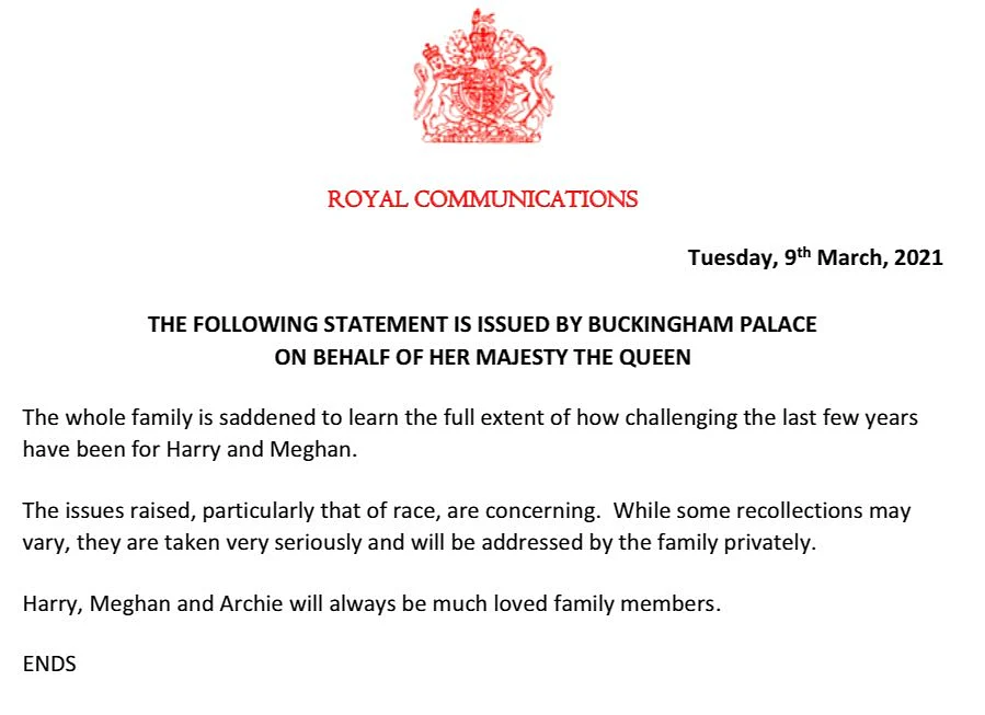 ‘Harry & Meghan’s Racism Claims Concerning’: Buckingham Palace