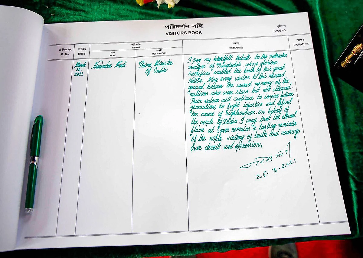 Prime Minister Narendra Modi’s comments on the visitors’ book at the National Martyr’s Memorial in Savar, on the occasion of 50th Independence Day of Bangladesh, in Dhaka, Friday, March 26, 2021