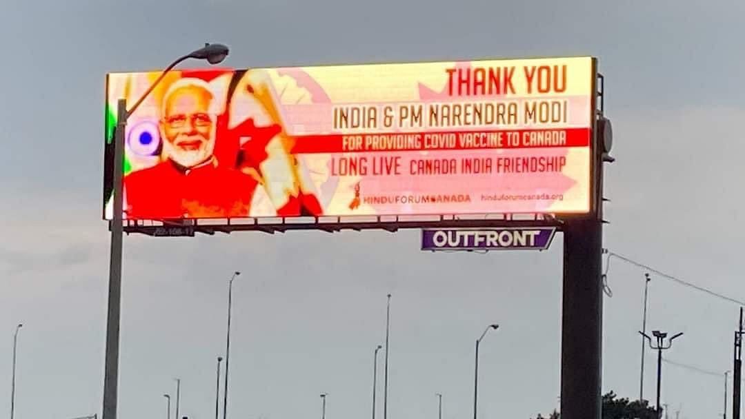 Nine billboards, sponsored by a Hindu group, were propped in Toronto, thanking Prime Minister Narendra Modi and India for delivery of COVID-19 vaccines.