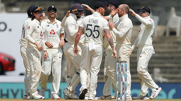 Jack Leach and England celebrate the fall of a wicket against India.&nbsp;