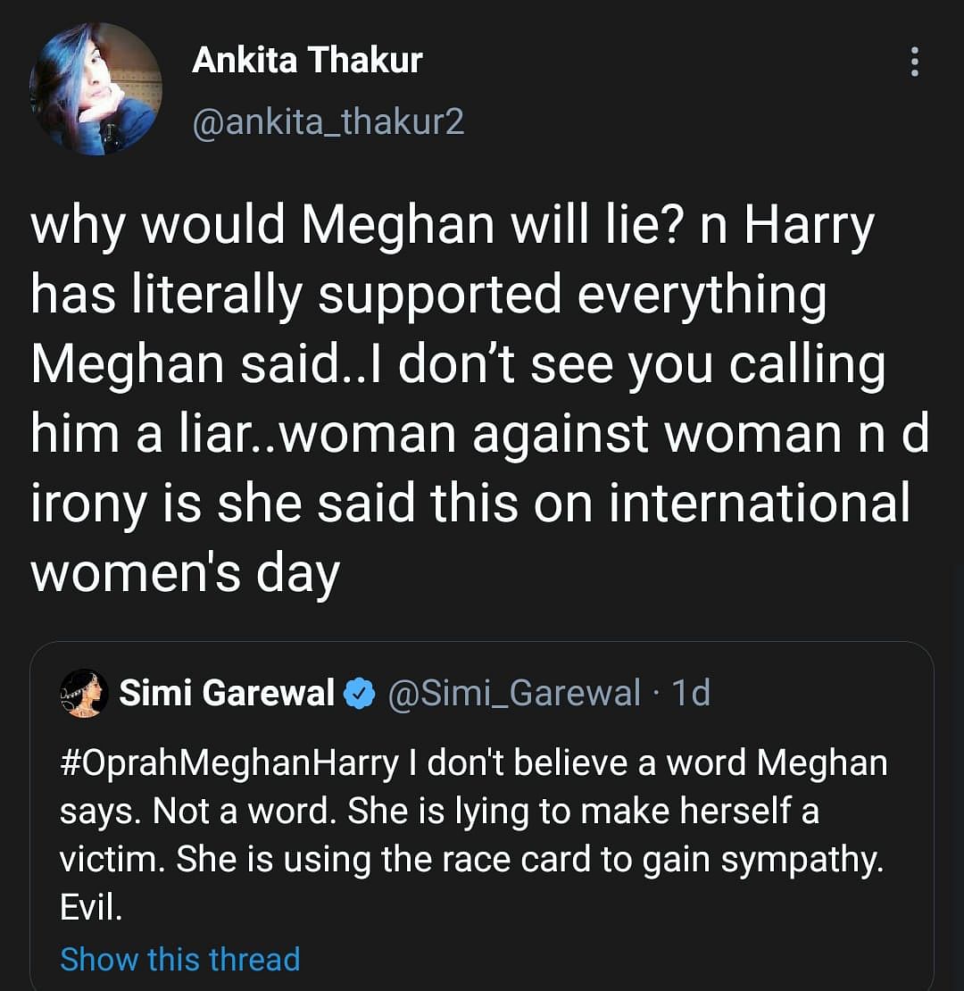 Simi Garewal claimed that Meghan Markle is playing the victim-card by using her race
