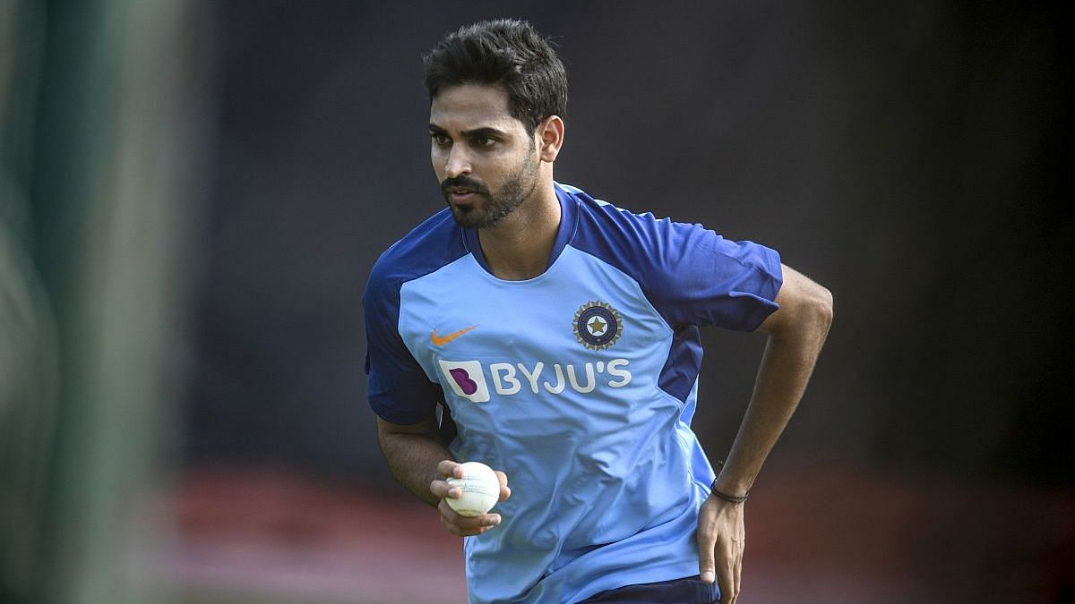 Bhuvneshwar Kumar at a training session ahead of the England series.&nbsp;