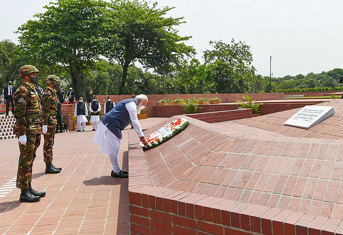 Prime Minister Narendra Modi pays tribute at at the National Martyr�s Memorial in Savar, on the occasion of 50th Independence Day of Bangladesh, in Dhaka, Friiday, March 26, 2021 