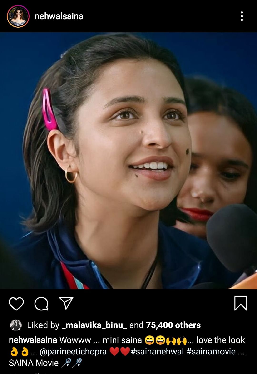 Saina shared a picture of Parineeti’s look from the film on social media.