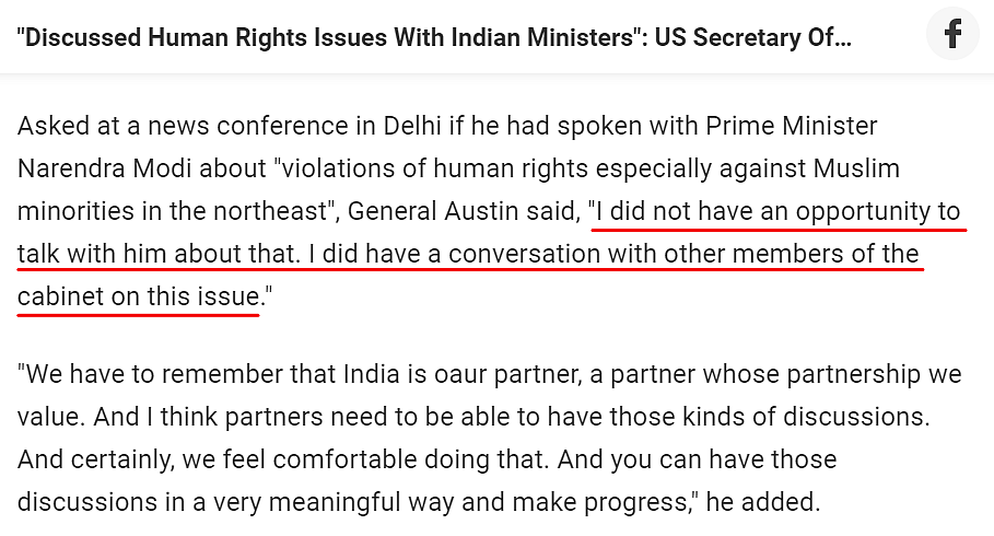 Did US Defence Secy Discuss Human Rights Issue With Indian Min?