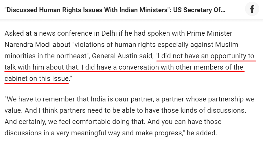 US Defence Secretary stated on record that he held discussions over human rights issues with Indian ministers.