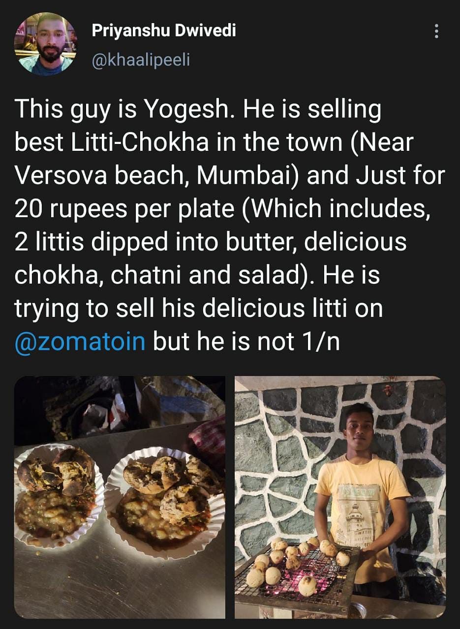 Twitter user Priyanshu Diwedi shared a post about a Litti-Chokha vendor from Mumbai, who is in financial crisis.