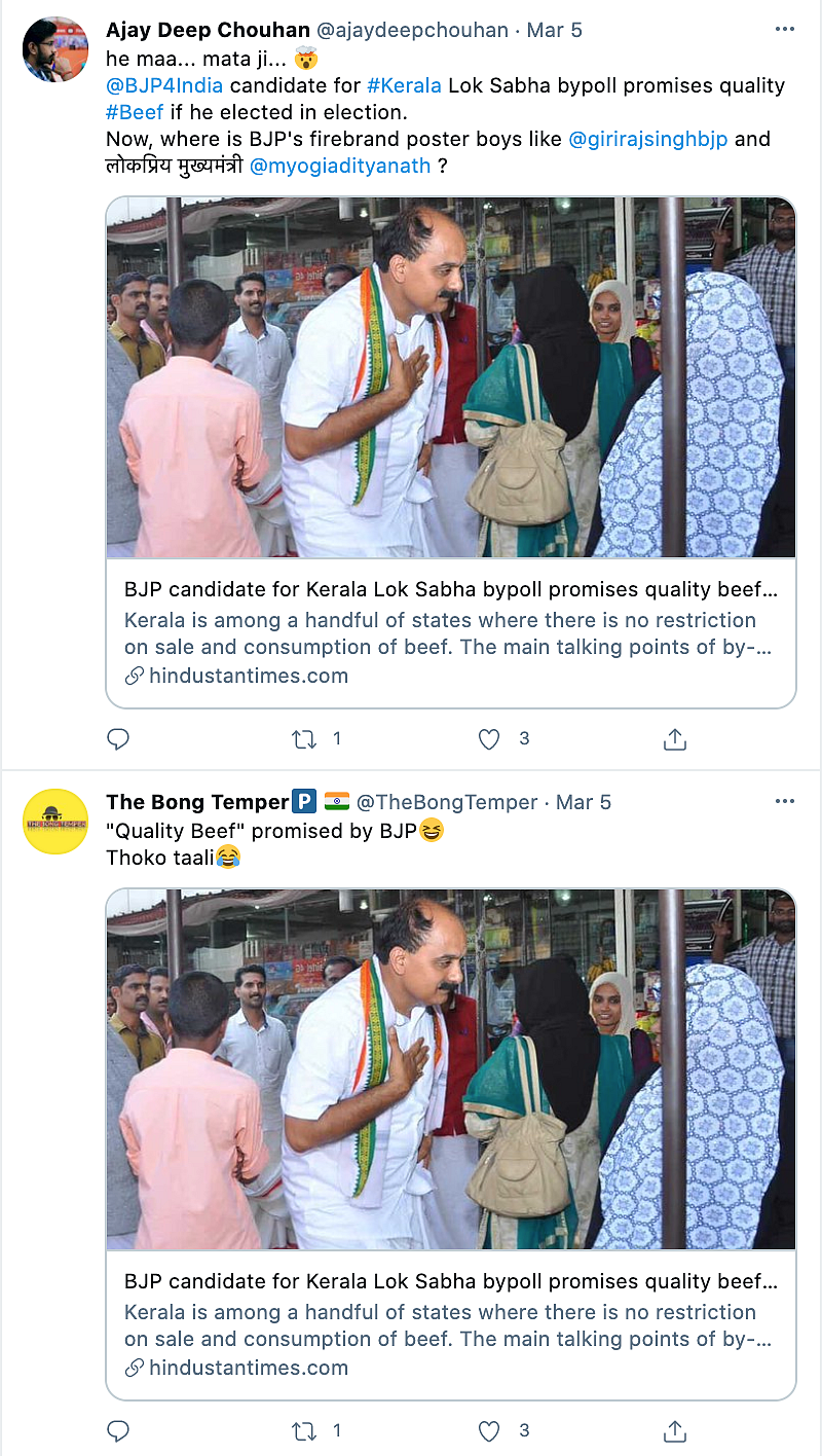 Kerala BJP Candidate’s 2017 Promise of ‘Quality Beef’ Revived