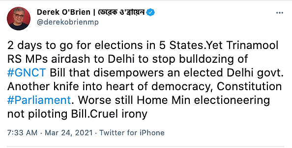 TMC MP Derek O’Brien tweeted on Wednesday that the new Bill is “another knife in the heart of democracy”.
