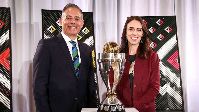 ICC CEO Manu Sawhney and New Zealand Prime Minister Jacinda Ardern at the launch of the Women’s ODI World Cup