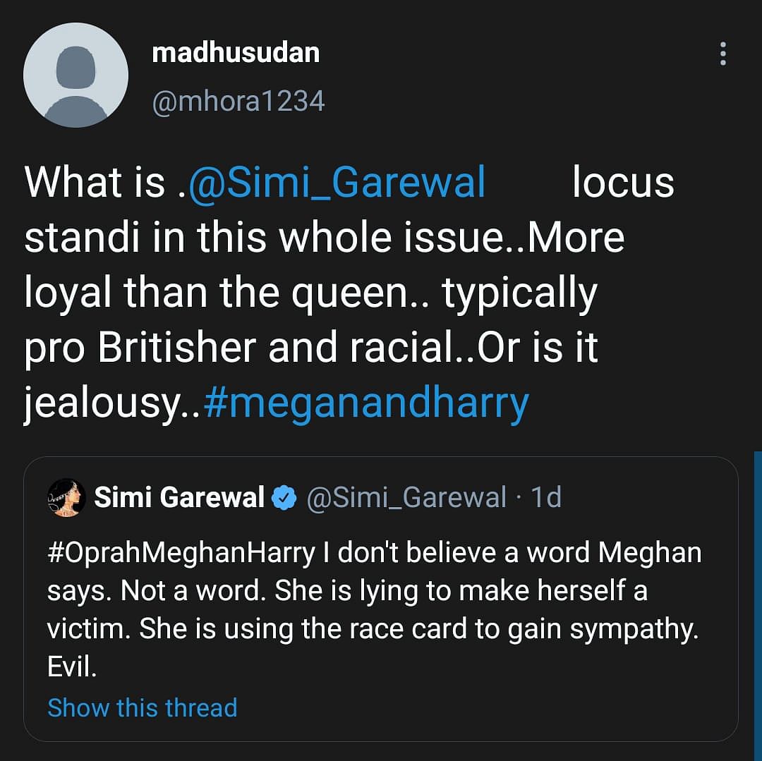 Simi Garewal claimed that Meghan Markle is playing the victim-card by using her race