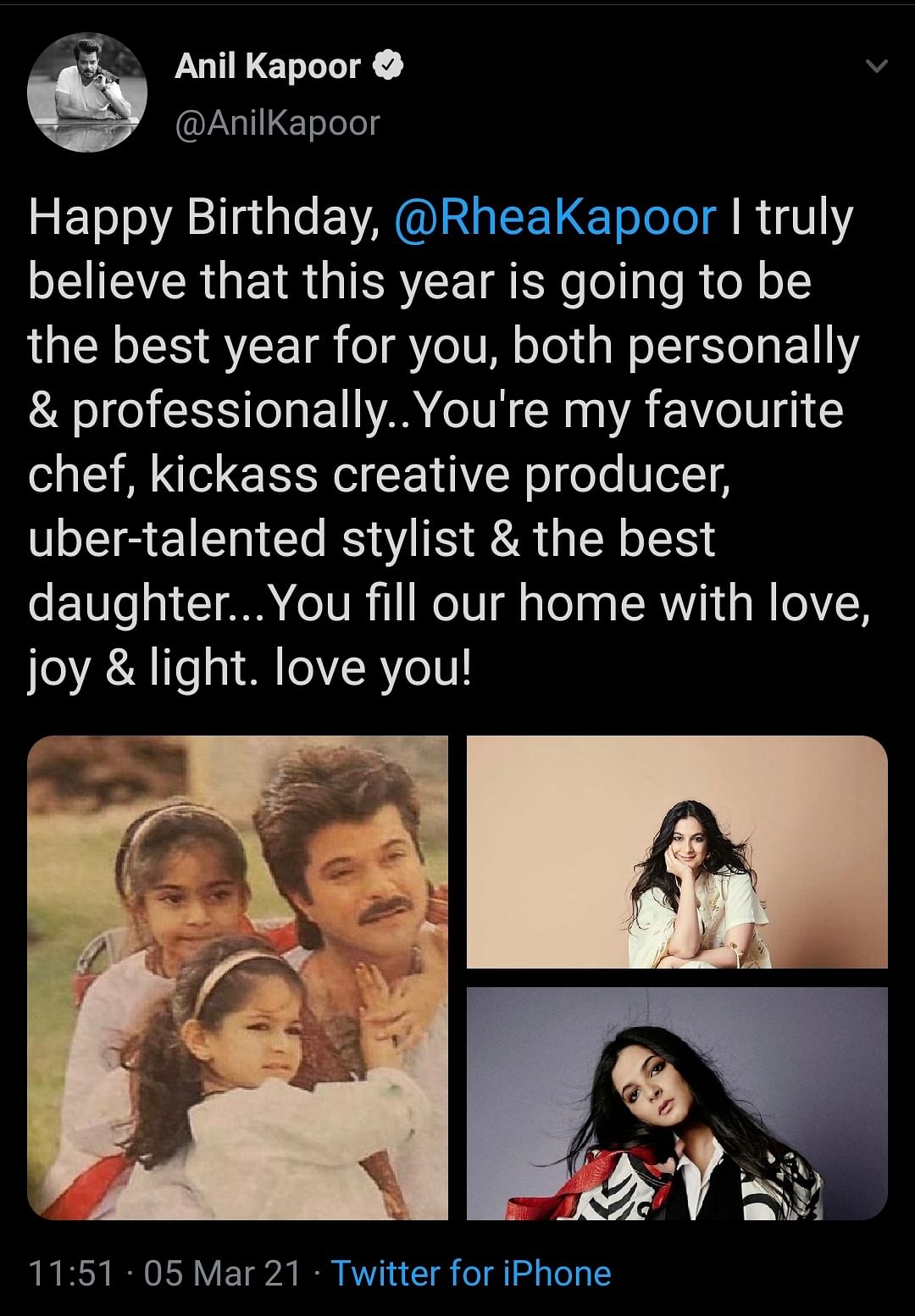 Anil Kapoor wishes daughter Rhea Kapoor on birthday, call her his ‘favourite chef’