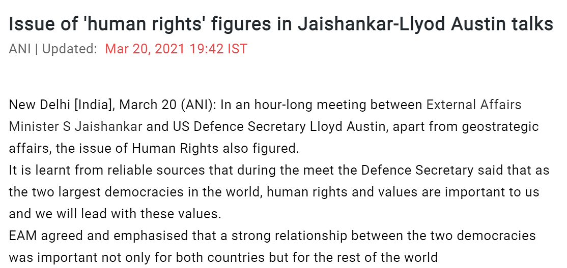 US Defence Secretary stated on record that he held discussions over human rights issues with Indian ministers.