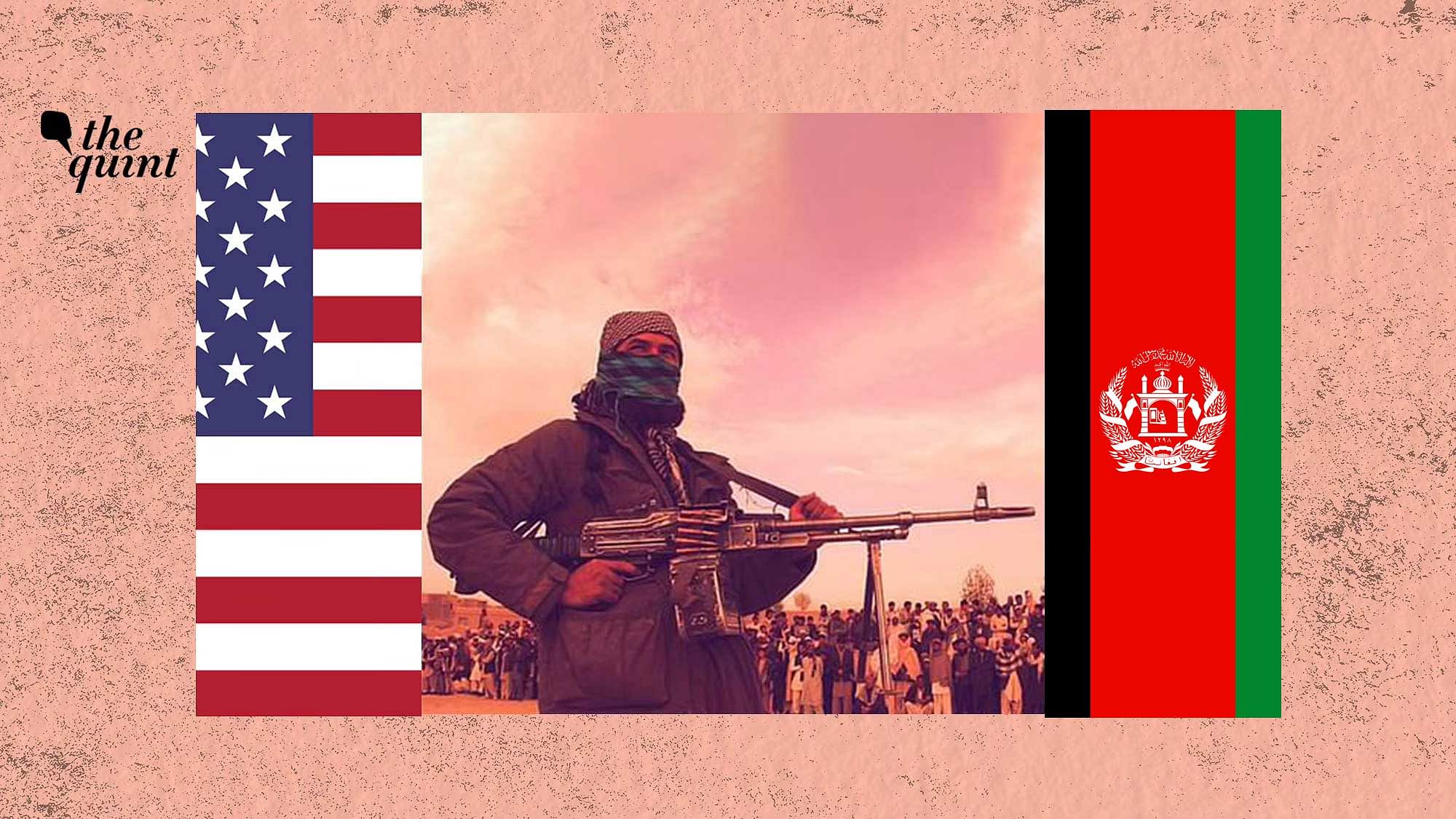 Image of US flag (L), Afghanistan flag (R), and an Afghan Taliban member (centre) used for representational purposes.