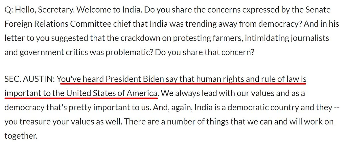 Did US Defence Secy Discuss Human Rights Issue With Indian Min?