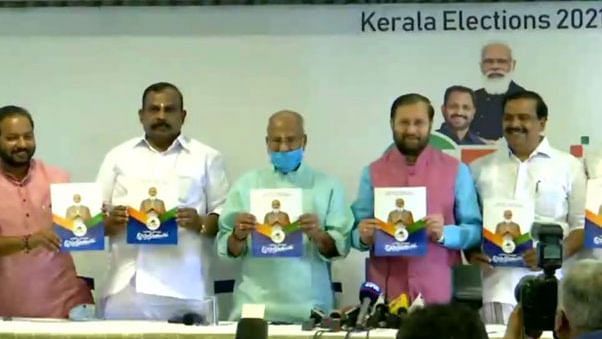 Union Minister Prakash Javadekar launching the BJP Manifesto in Thiruvananthapuram with top state leaders.