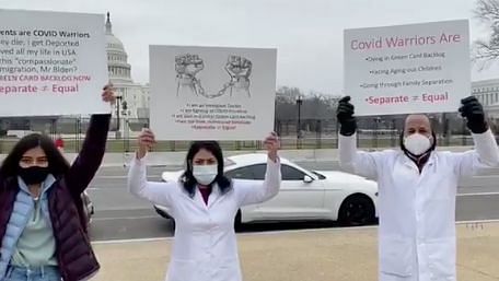 The frontline healthcare workers in green card backlog held a demonstration in front of the US Capitol.