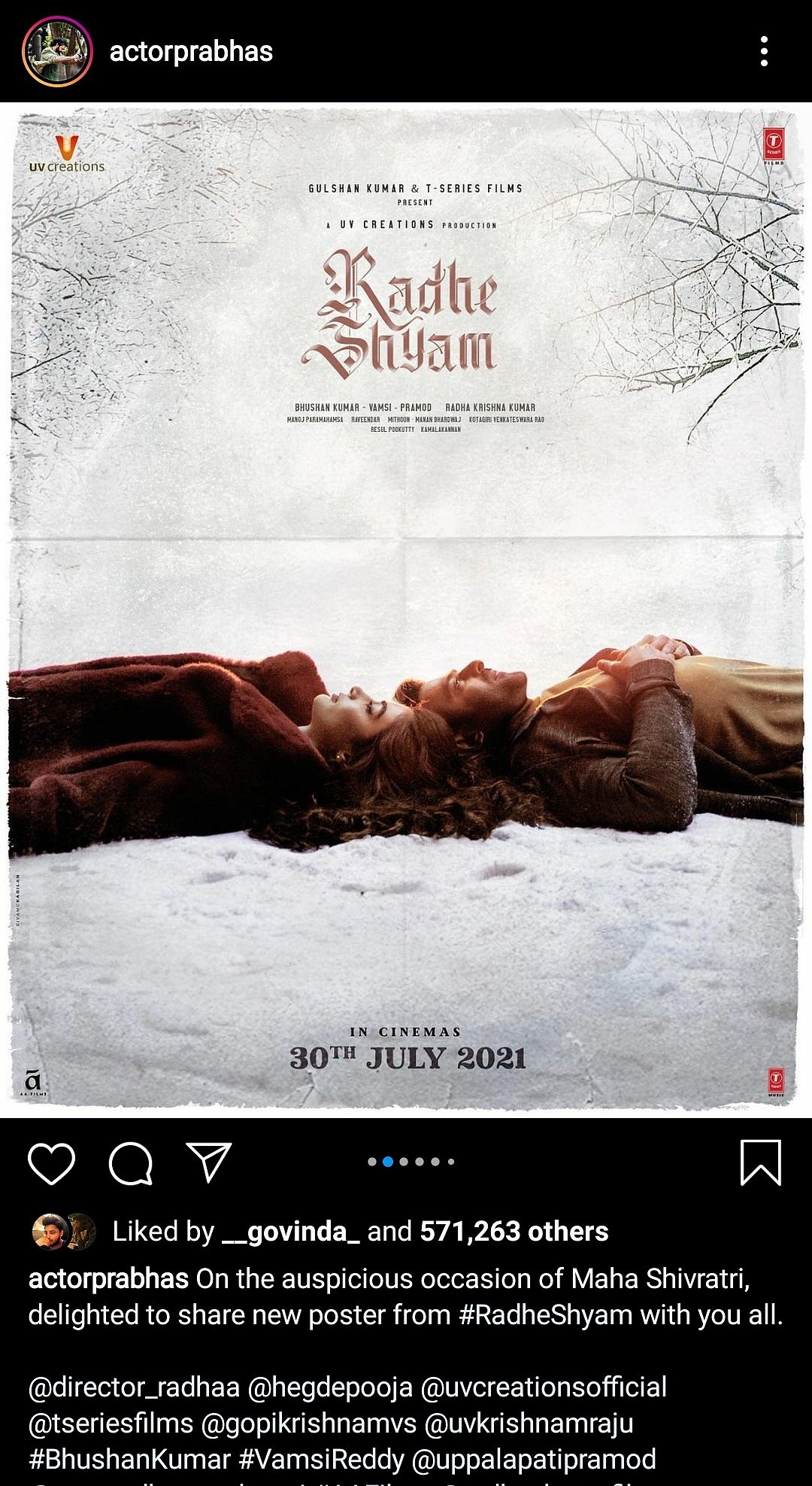 Prabhas Reveals Latest Poster of Upcoming Film ‘Radhe Shyam’