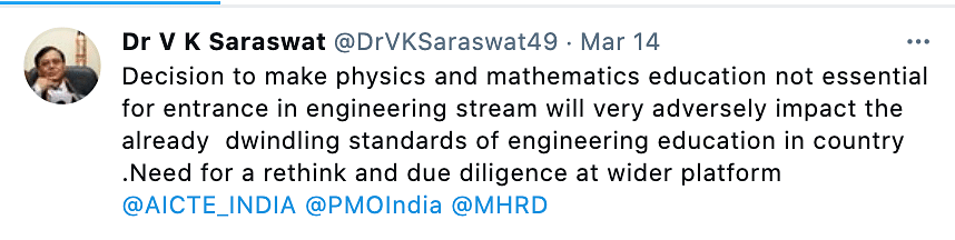 VK Saraswat said it will ‘adversely impact’ the ‘dwindling standards of engineering education in (the) country’. 