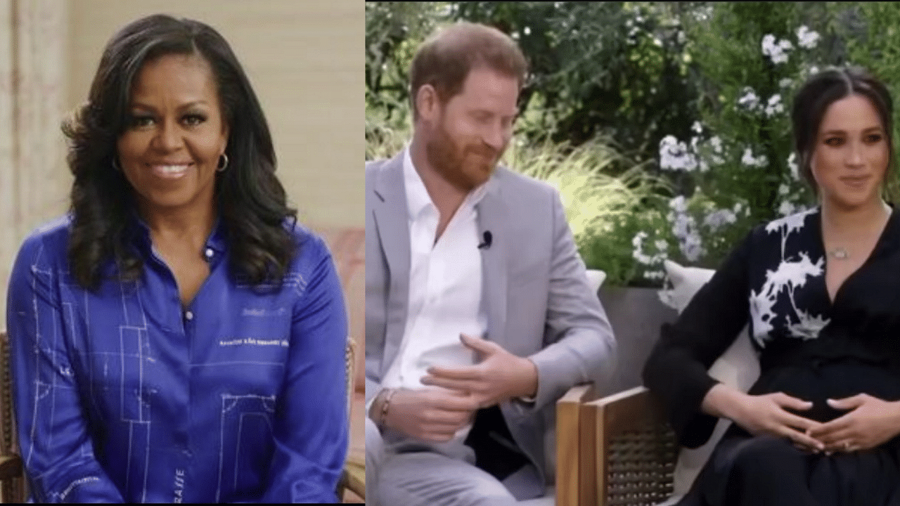 Former First Lady Michelle Obama (left), Meghan and Harry in the interview