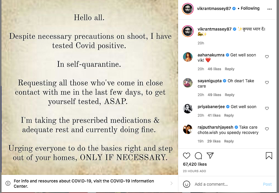 Vikrant Massey Tests COVID Positive, Urges People to Be Careful