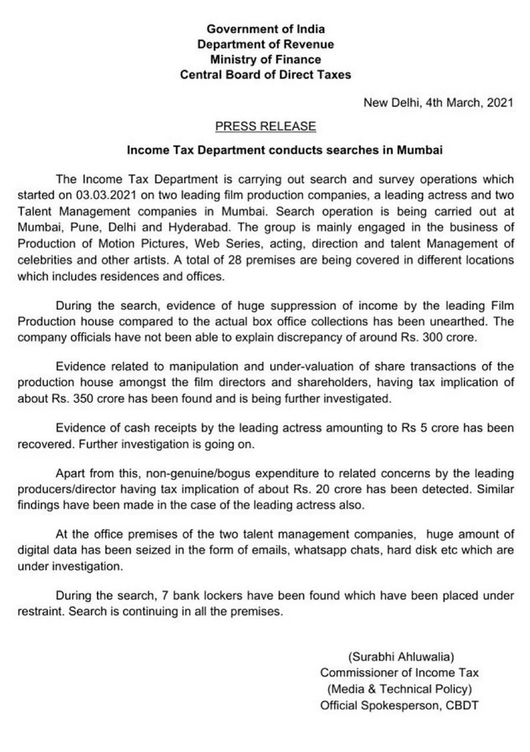 The press release by the Income Tax Department 