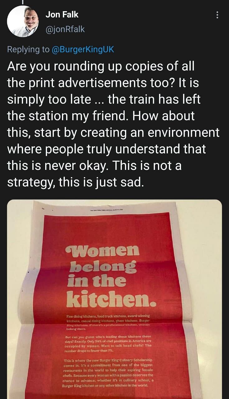 With little context, Burger King tweeted ‘Women belong in the kitchen.’