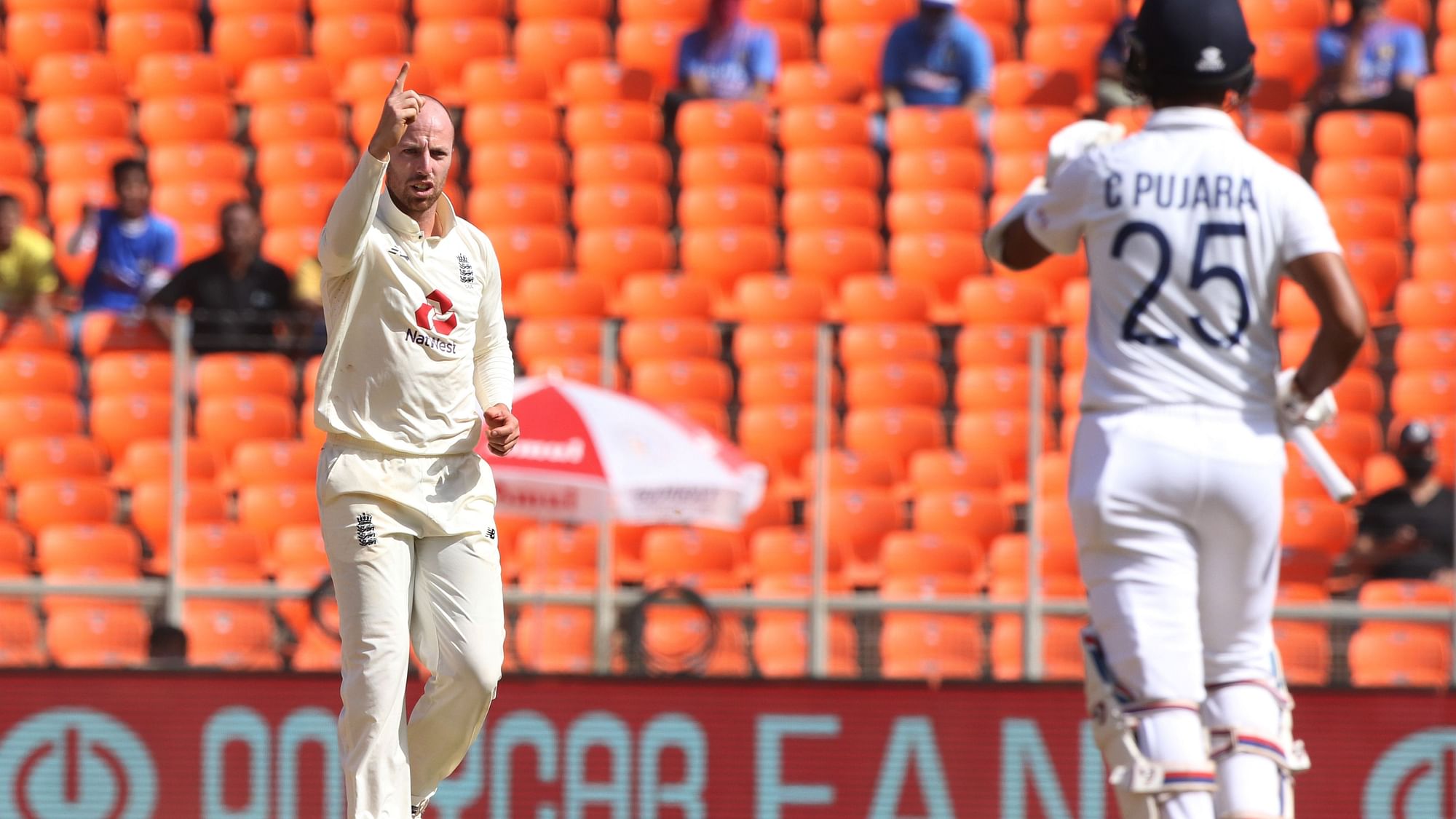 Jack Leach celebrates the wicket of Cheteshwar Pujara on Day 2 in the fourth Test.