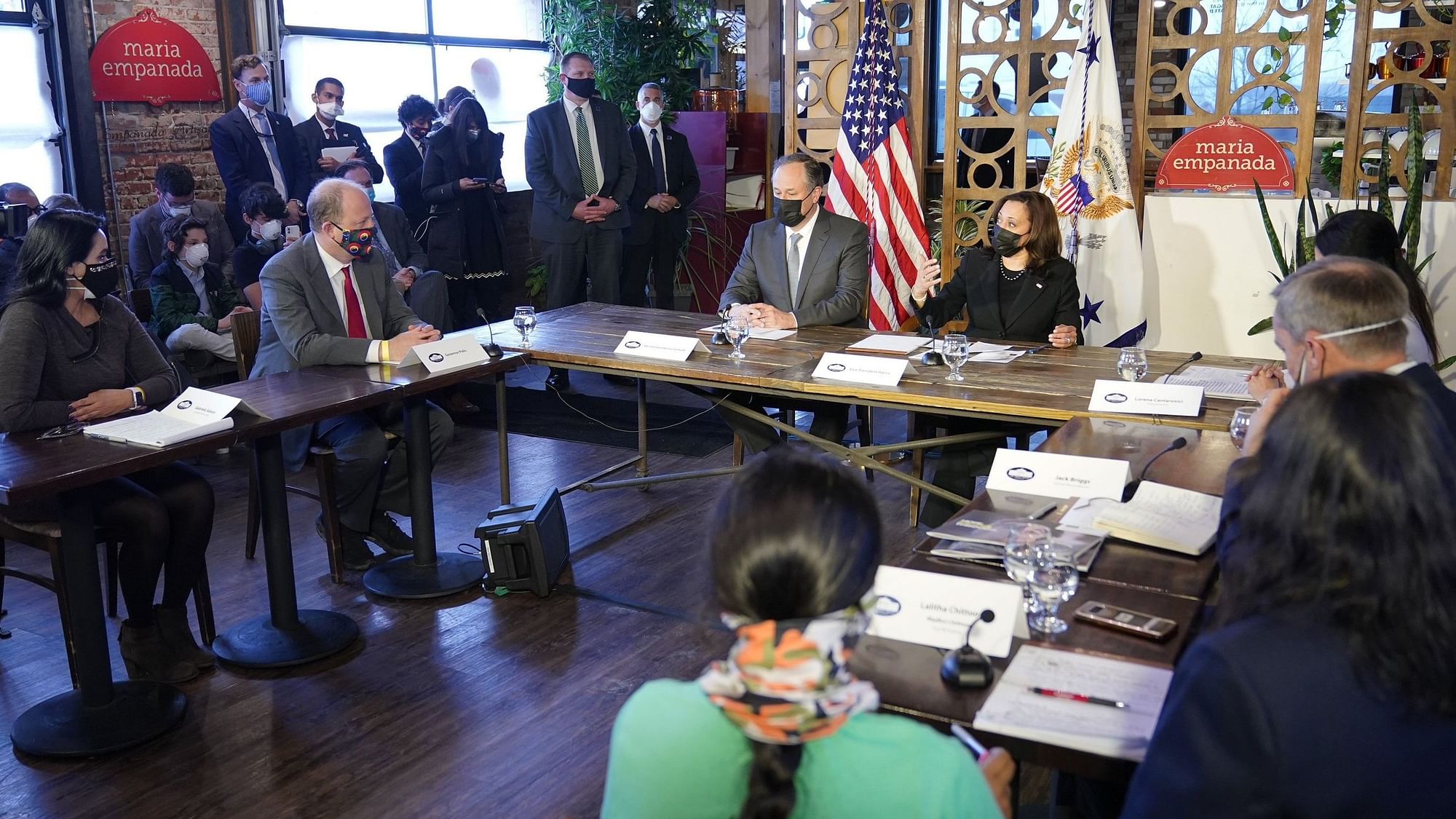 US Vice-President Kamala Harris at the round-table meeting with small business owners.
