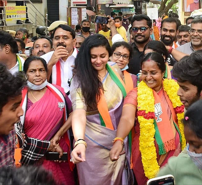 Actor Namitha, who is BJP Tamil Nadu’s state executive member, campaigned for Vanathi Srinivasan in Covai South.