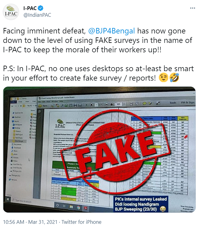 A fake survey, with a logo of I-PAC, predicting BJP’s win in West Bengal is also viral on social media.