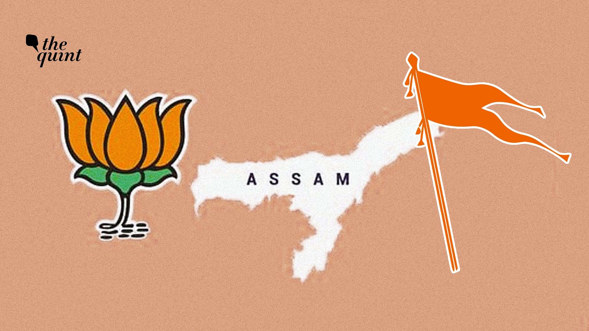 Image of the BJP &amp; RSS’s symbols and the Assam map used for representational purposes.&nbsp;