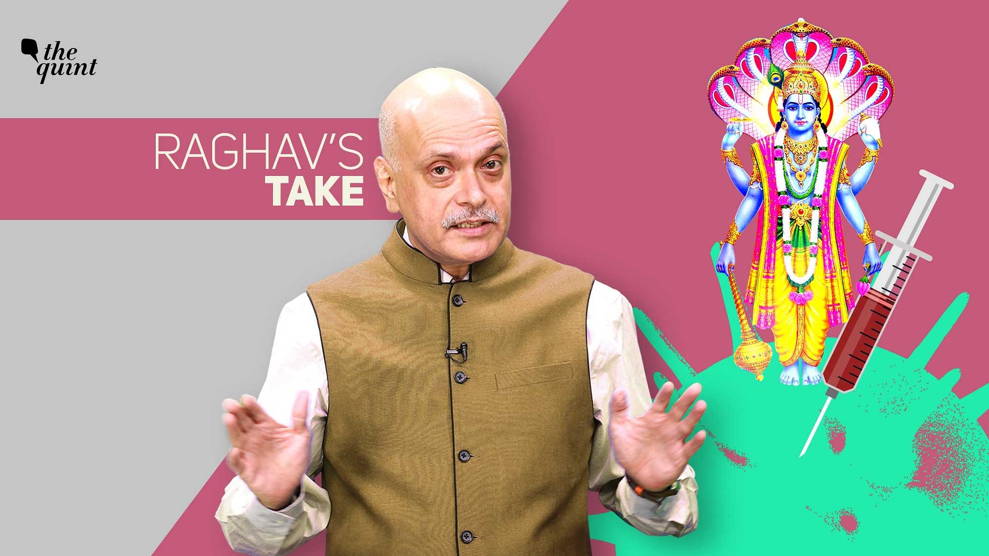 Image of The Quint’s Co-Founder &amp; Editor Raghav Bahl, and an illustration of Lord Vishnu atop the coronavirus, used for representational purposes.
