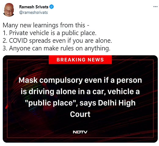 New Rule of Wearing Mask While Alone in Car Gains Criticism Online