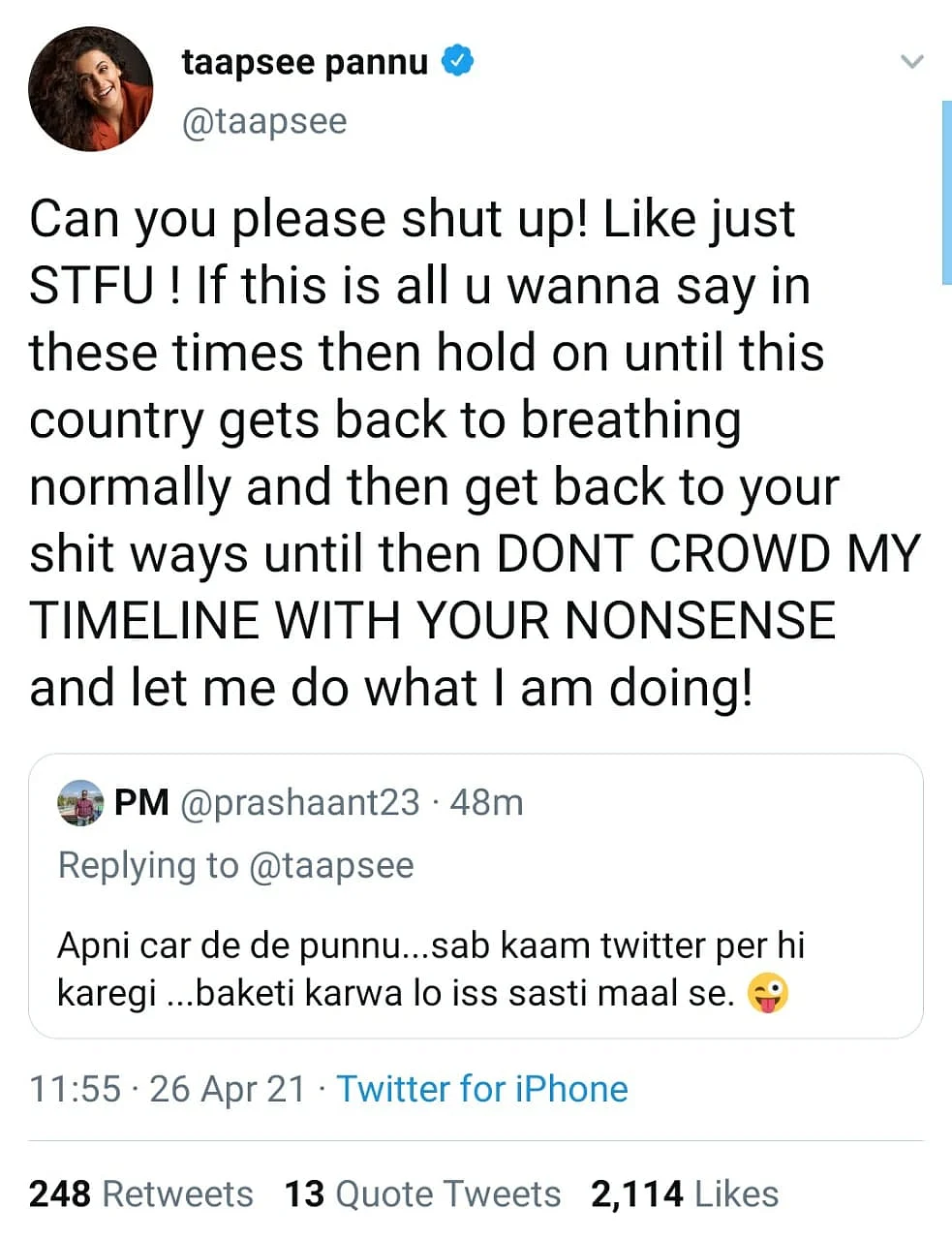 Please Shut Up: Taapsee Reacts to Troll, Amplifies Pleas for Help
