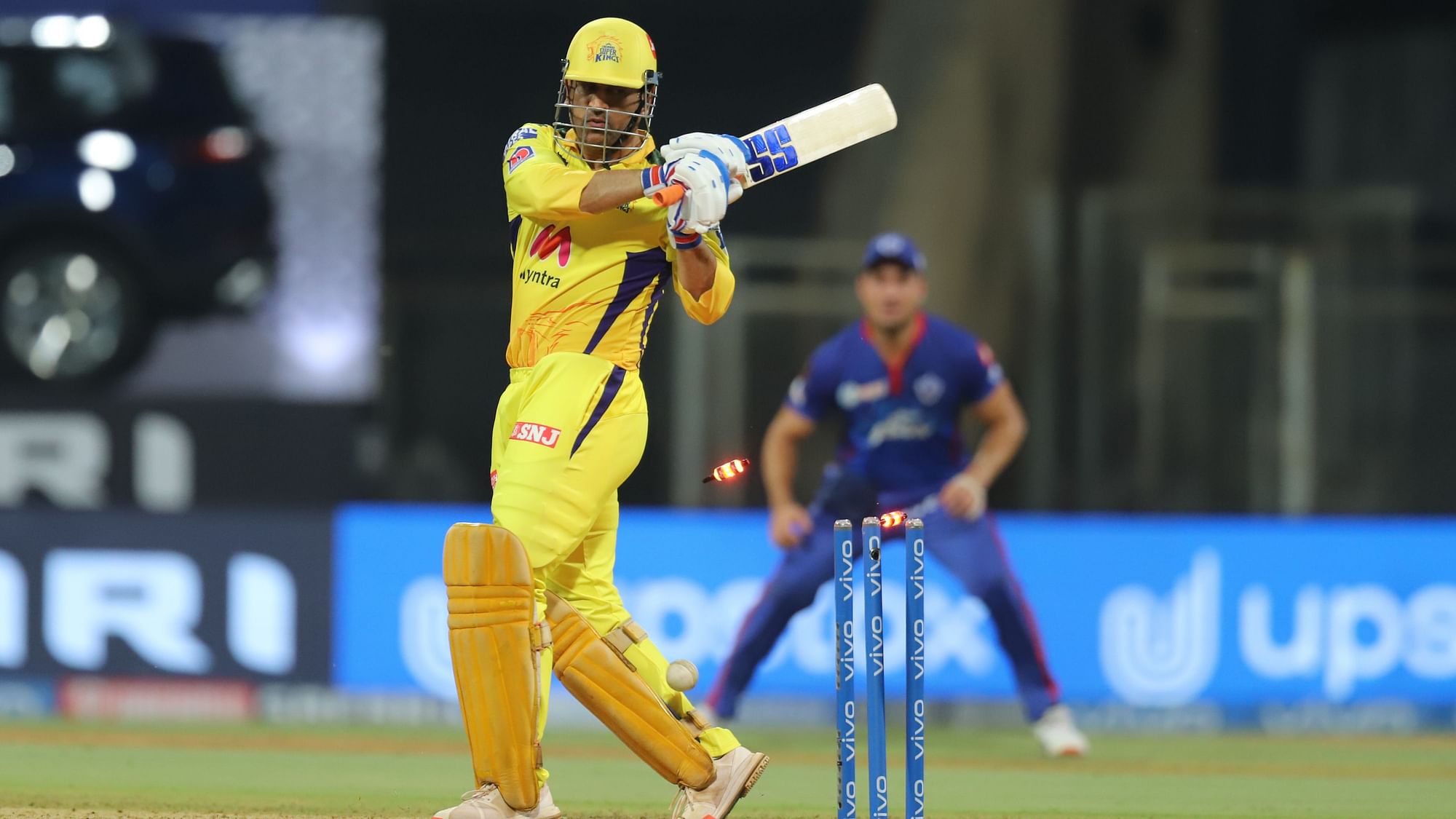 MS Dhoni was dismissed for a duck off the second ball by Avesh Khan.&nbsp;