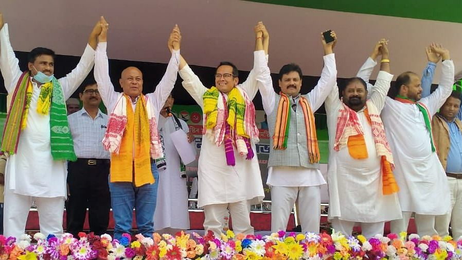 Mohilary and Congress leader Gaurav Gogoi campaigning for AIUDF candidate Nijanur Rehman in Gauripur