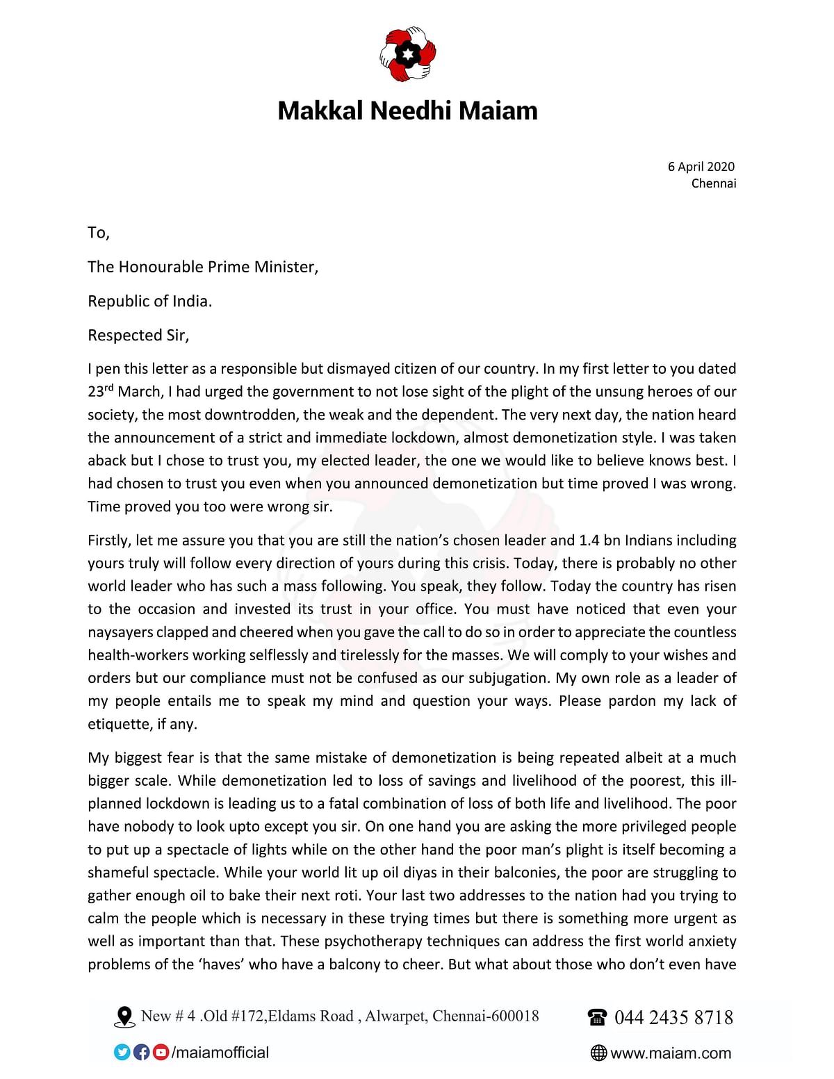 Kamal Haasan’s open letter to Prime Minister Narendra Modi.