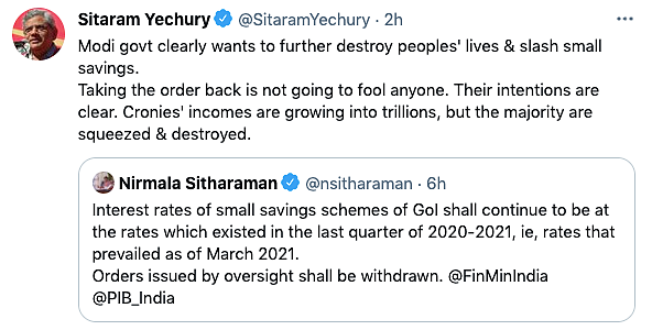 Order to Cut Interest Rates on Small Savings Reversed: Sitharaman