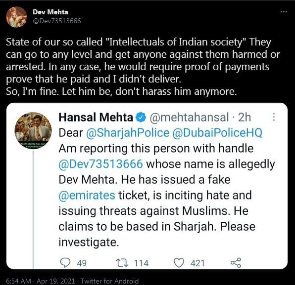 Hansal Mehta attached a Twitter conversation with an account named Dev Patel about an air ticket to Pakistan.